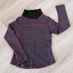 Prana Eleanor Cowl Neck Sweater in black and plum stripe